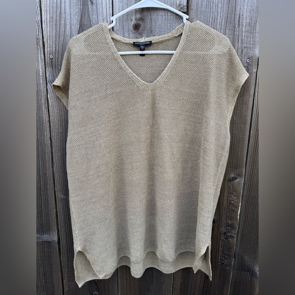 Eileen Fisher Organic Linen Delave V-Neck Knit Top Khaki Tan petite small - Picture 4 of 16